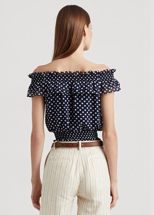 Navy Women’s Ralph Lauren Polka-dot Off-the-shoulder Blouse Tops Navy Women’s Ralph Lauren Polka-dot Off-the-shoulder Blouse Tops