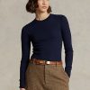 Navy Women’s Ralph Lauren Ribbed Suede-Trim Long-Sleeve T Shirts Navy Women’s Ralph Lauren Ribbed Suede-Trim Long-Sleeve T Shirts