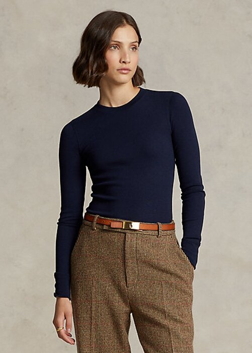 Navy Women’s Ralph Lauren Ribbed Suede-Trim Long-Sleeve T Shirts Navy Women’s Ralph Lauren Ribbed Suede-Trim Long-Sleeve T Shirts