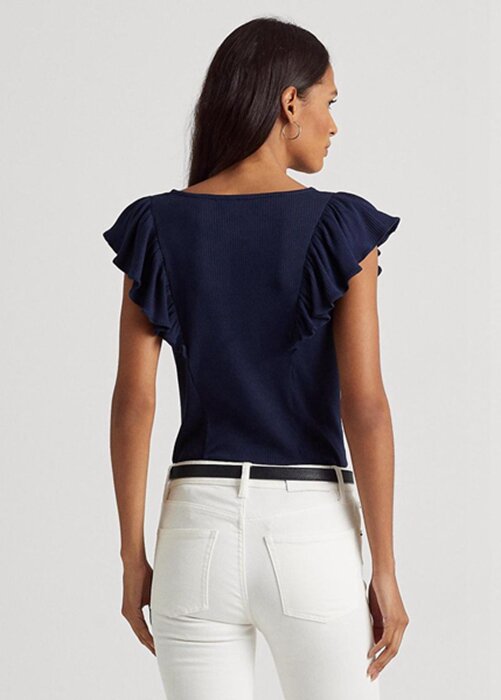 Navy Women’s Ralph Lauren Ruffle-trim Rib-knit T Shirts Navy Women’s Ralph Lauren Ruffle-trim Rib-knit T Shirts
