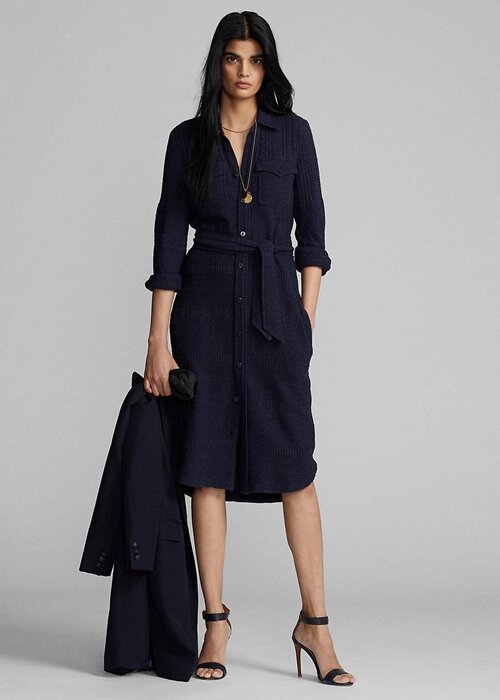 Navy Women’s Ralph Lauren Wool-Cotton Belted Dress Navy Women’s Ralph Lauren Wool-Cotton Belted Dress