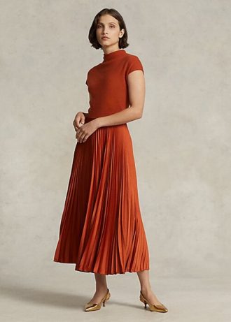 Orange Women’s Ralph Lauren Hybrid-Pleated Mockneck Dress