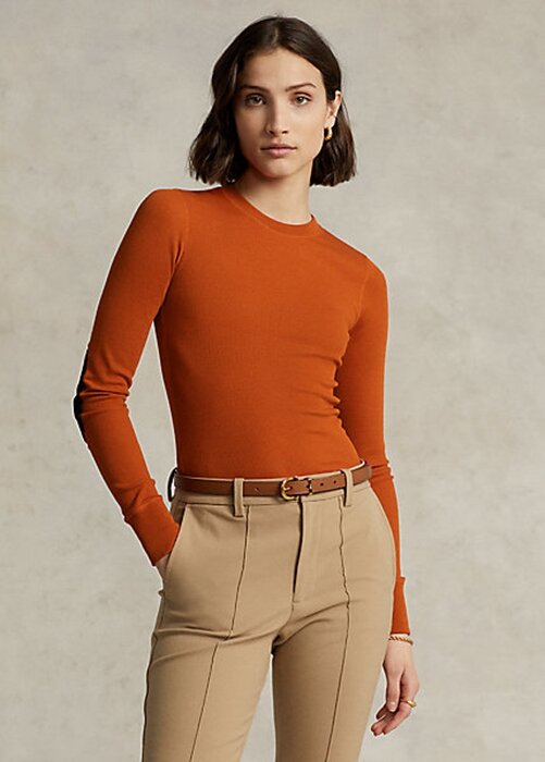 Orange Women’s Ralph Lauren Ribbed Suede-Trim Long-Sleeve T Shirts Orange Women’s Ralph Lauren Ribbed Suede-Trim Long-Sleeve T Shirts