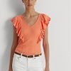 Orange Women’s Ralph Lauren Ruffle-trim Rib-knit T Shirts Orange Women’s Ralph Lauren Ruffle-trim Rib-knit T Shirts