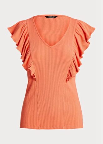 Orange Women’s Ralph Lauren Ruffle-trim Rib-knit   T Shirts