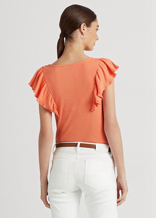 Orange Women’s Ralph Lauren Ruffle-trim Rib-knit T Shirts Orange Women’s Ralph Lauren Ruffle-trim Rib-knit T Shirts