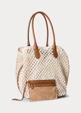 Parchment Cream Women’s Ralph Lauren Leather-Trim Crochet Large Bellport Tote Bags