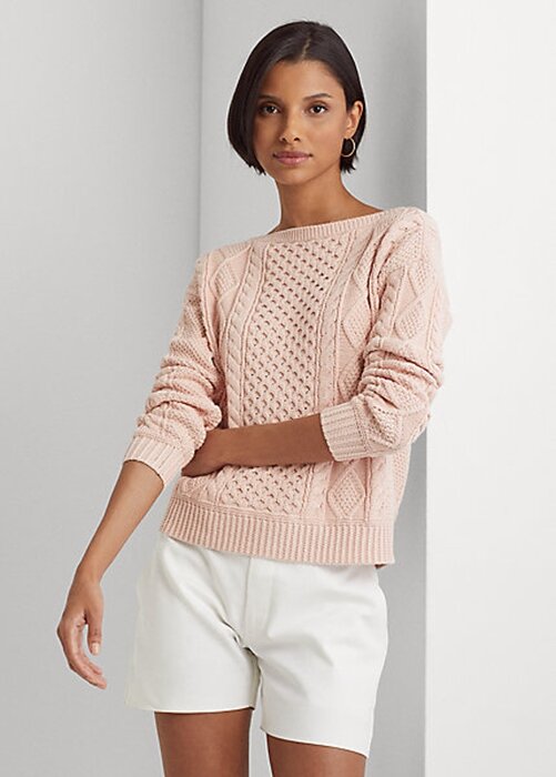 Pink Women’s Ralph Lauren Aran-Knit Cotton Boatneck Sweaters Pink Women’s Ralph Lauren Aran-Knit Cotton Boatneck Sweaters