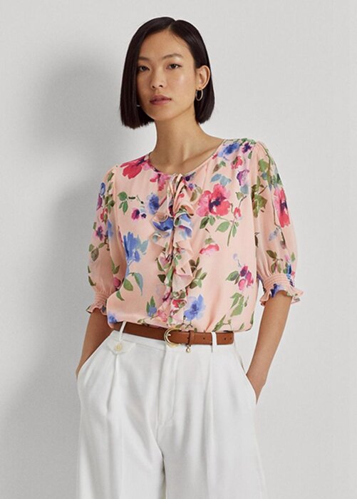 Pink Women’s Ralph Lauren Floral Crinkle Georgette Blouse Tops Pink Women’s Ralph Lauren Floral Crinkle Georgette Blouse Tops