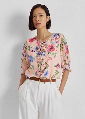 Pink Women’s Ralph Lauren Floral Crinkle Georgette Blouse Tops