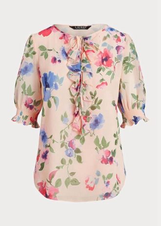 Pink Women’s Ralph Lauren Floral Crinkle Georgette Blouse Tops