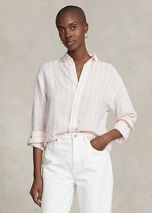 Pink Women’s Ralph Lauren Relaxed Fit Striped Linen Shirts Pink Women’s Ralph Lauren Relaxed Fit Striped Linen Shirts