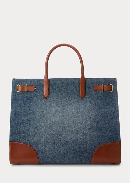 Sunset Indigo Wash/Lauren Women’s Ralph Lauren Leather-Trim Denim Large Devyn Tote Bags Sunset Indigo Wash/Lauren Women’s Ralph Lauren Leather-Trim Denim Large Devyn Tote Bags