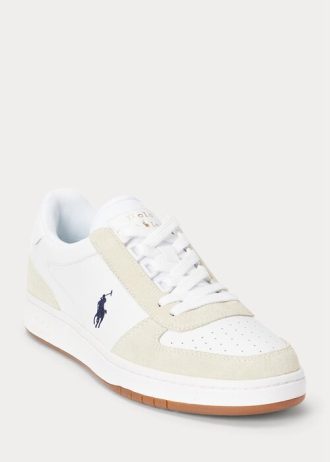 White / Navy Men’s Ralph Lauren Court Leather-Suede Sneakers