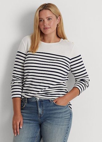 White / Navy Women’s Ralph Lauren Striped Cotton Long-Sleeve Tops