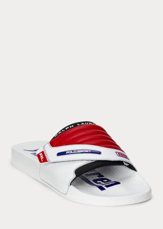 White / Red Men’s Ralph Lauren Color-Blocked Leather Moto Slippers
