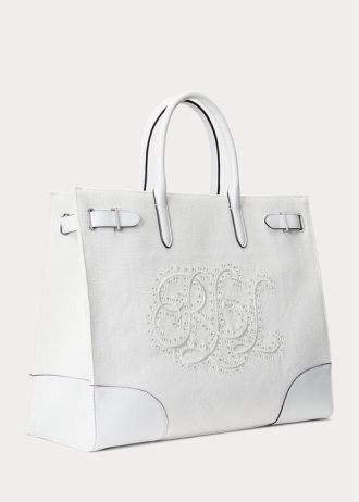 White/White Women’s Ralph Lauren Eyelet Canvas Large Devyn Tote Bags