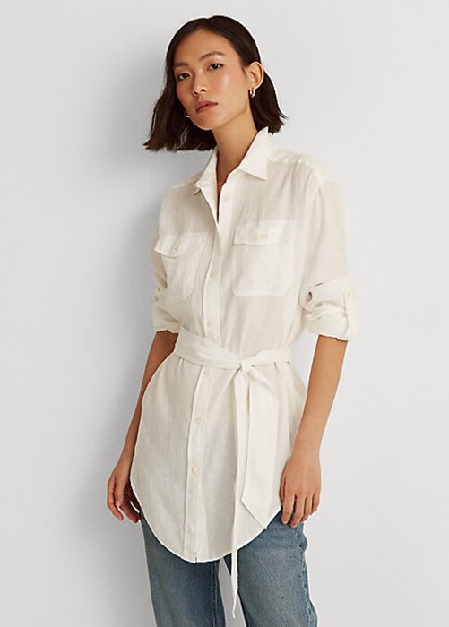 White Women’s Ralph Lauren Belted Linen Shirts White Women’s Ralph Lauren Belted Linen Shirts