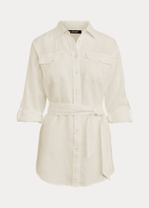 White Women’s Ralph Lauren Belted Linen Shirts White Women’s Ralph Lauren Belted Linen Shirts