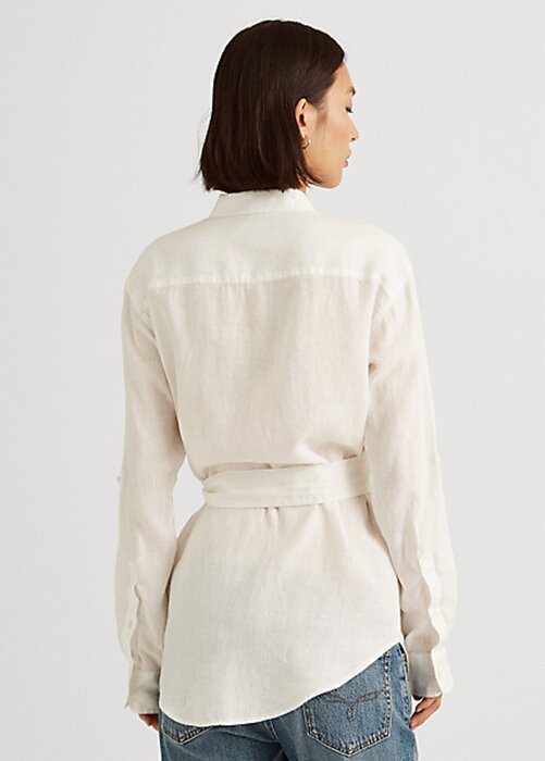 White Women’s Ralph Lauren Belted Linen Shirts White Women’s Ralph Lauren Belted Linen Shirts