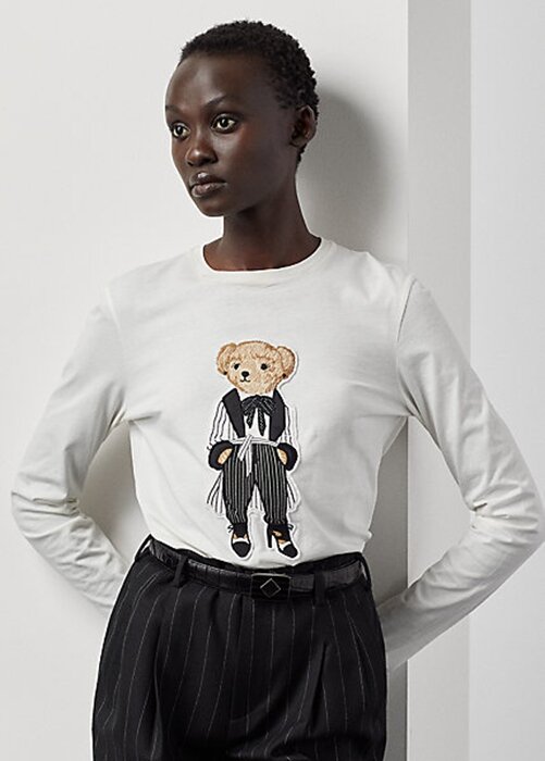 White Women’s Ralph Lauren Cinema Polo Bear Cotton Long-Sleeve T Shirts White Women’s Ralph Lauren Cinema Polo Bear Cotton Long-Sleeve T Shirts