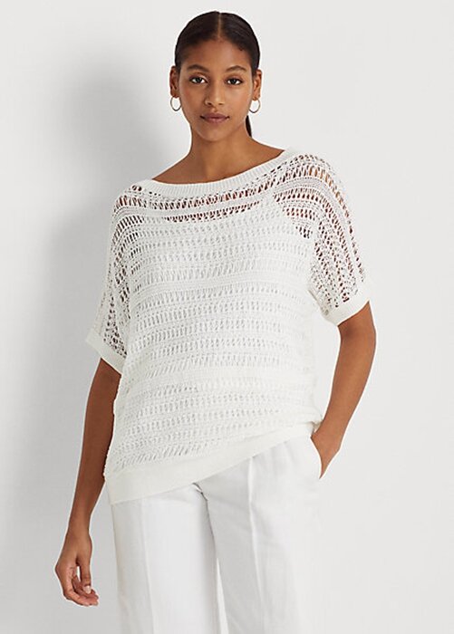 White Women’s Ralph Lauren Cotton Mesh Short-Sleeve Sweaters White Women’s Ralph Lauren Cotton Mesh Short-Sleeve Sweaters