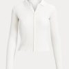 White Women’s Ralph Lauren Cropped Ribbed Button-Front Polo Shirts White Women’s Ralph Lauren Cropped Ribbed Button-Front Polo Shirts