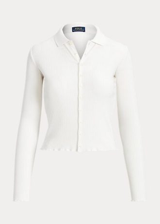White Women’s Ralph Lauren Cropped Ribbed Button-Front Polo Shirts