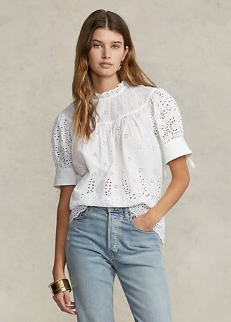 White Women’s Ralph Lauren Eyelet-Embroidered Cotton Tops