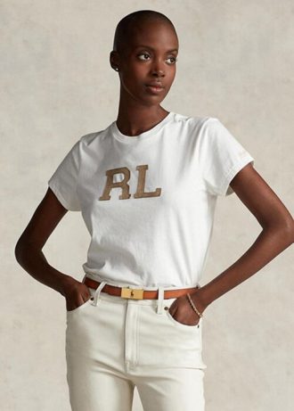 White Women’s Ralph Lauren Rl-suede-applique Jersey   T Shirts