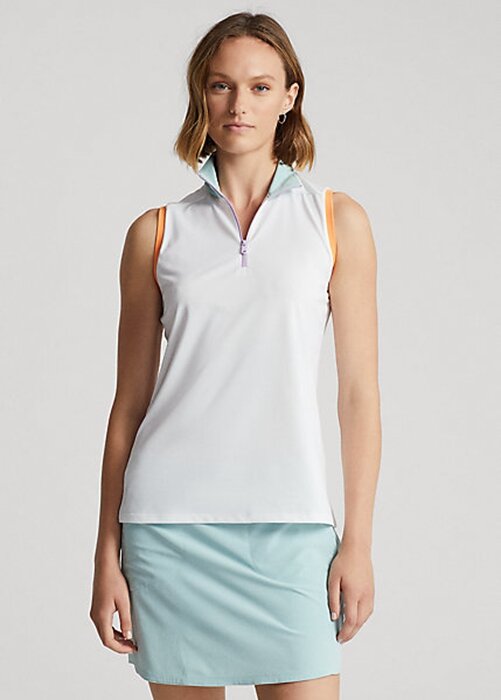 White Women’s Ralph Lauren Sleeveless Quarter-Zip Polo Shirts White Women’s Ralph Lauren Sleeveless Quarter-Zip Polo Shirts