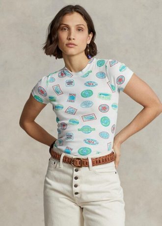 White Women’s Ralph Lauren Travel Motif Ribbed Cotton  T Shirts