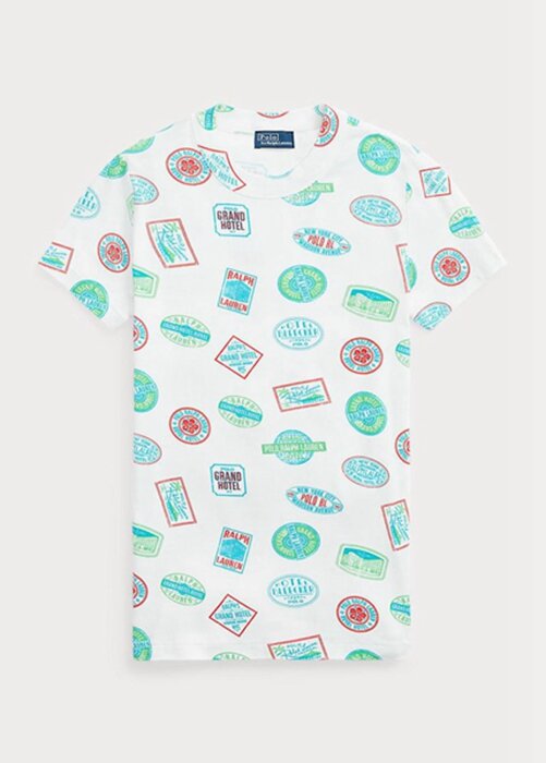 White Women’s Ralph Lauren Travel Motif Ribbed Cotton T Shirts White Women’s Ralph Lauren Travel Motif Ribbed Cotton T Shirts