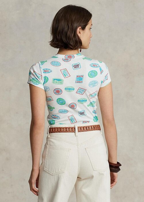 White Women’s Ralph Lauren Travel Motif Ribbed Cotton T Shirts White Women’s Ralph Lauren Travel Motif Ribbed Cotton T Shirts